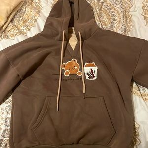 Embroidered Brown And Tan Sweatshirt With Boba Tea And Bear